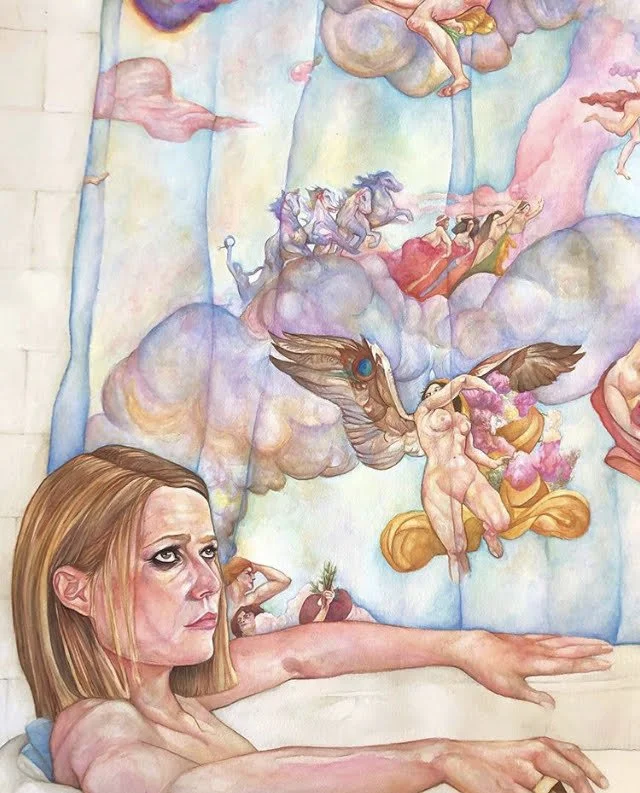 "Margot" 
Watercolor
11x17 in 
Piece 1/2 in a working "Bathtub" collection. Famous movie/tv bathtub scenes with classic paintings as the tile behind the subject. 