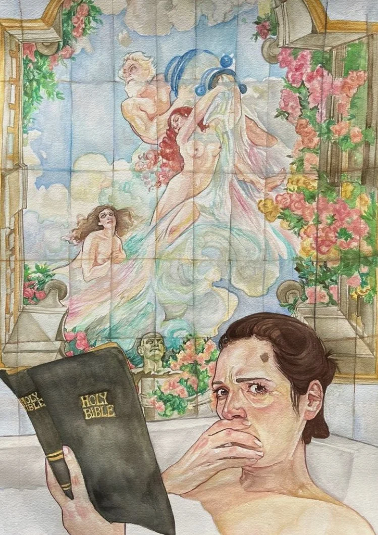 "Fleabag" 
Watercolor
11x17 in 
Piece 2/2 in a working "Bathtub" collection. Famous movie/tv bathtub scenes with classic paintings as the tile behind the subject. 