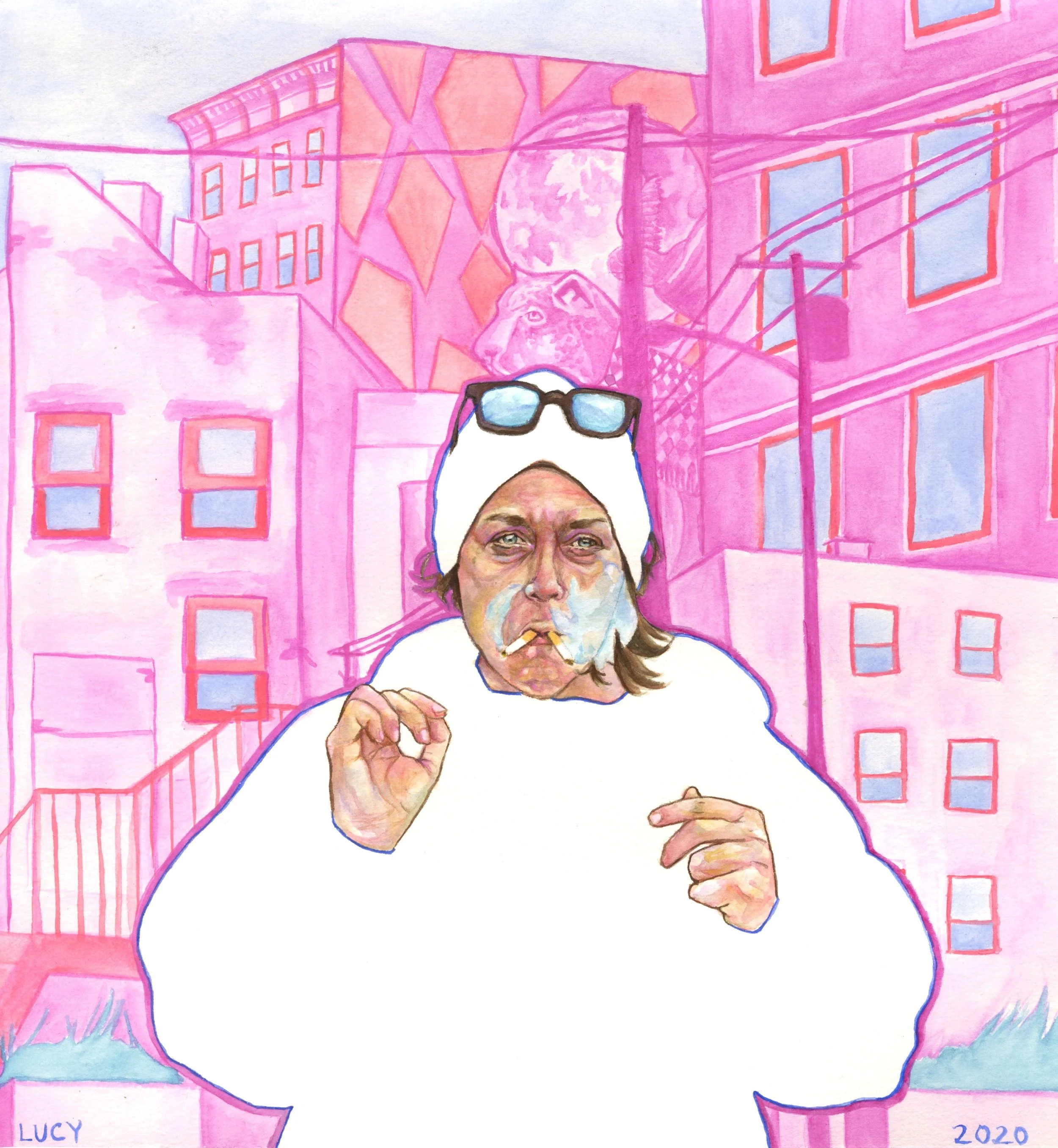 "Lu In Jersey City"
Watercolor 
10x12 in
In this piece, I wanted to take risks by using a monochromatic background, bringing the subject forward with white negative space and detailed face and hands; the face and hands are the parts of a person that,