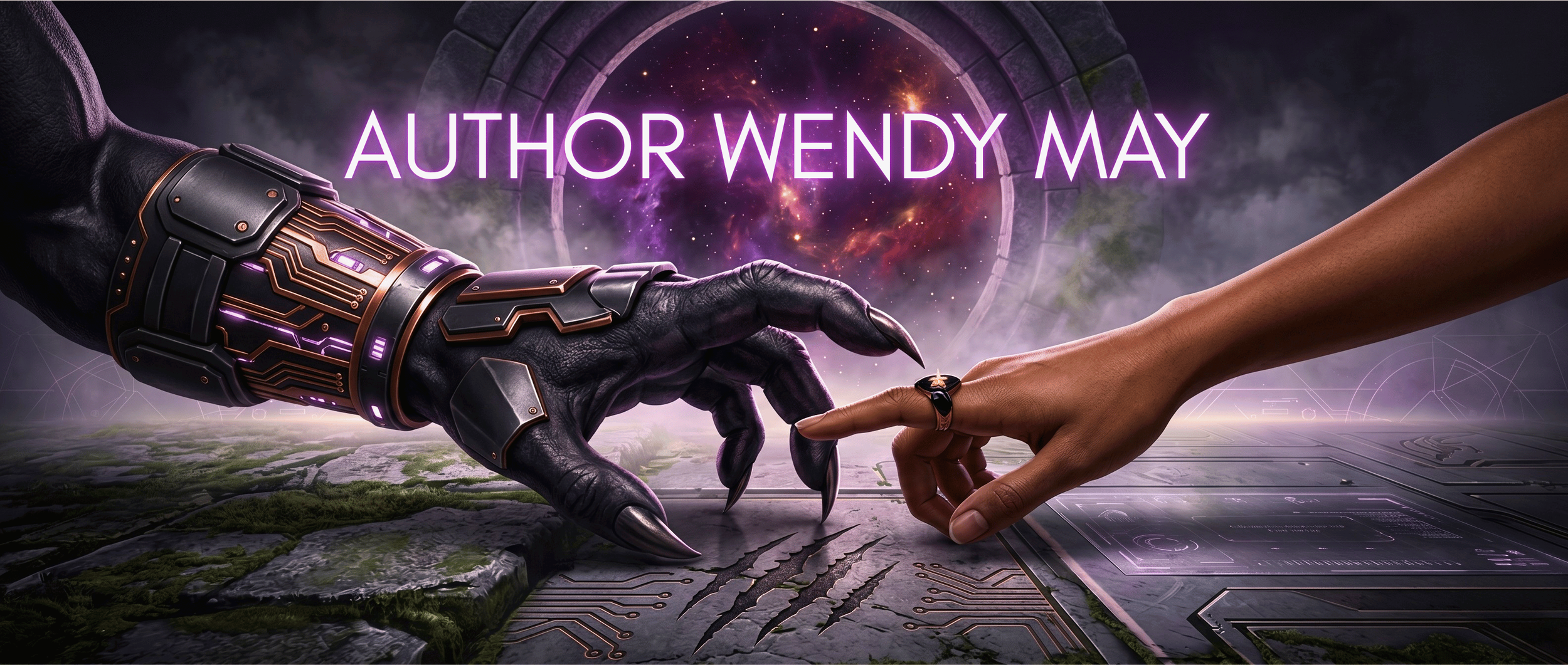 A robotic hand and a human hand reach towards each other, almost touching, with a cosmic background and the text 'Author Wendy May' in neon purple above.