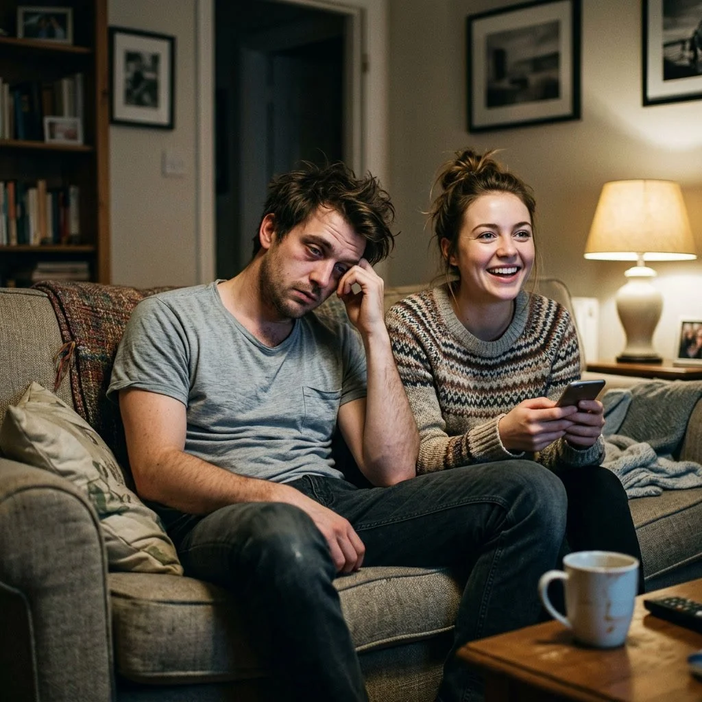 man looking exhausted with his lady looking clueless and happy