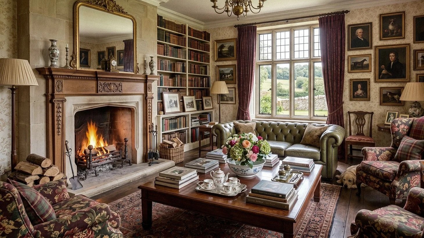 English country house style. A large living rooms with historic fireplace and comfortable decor.