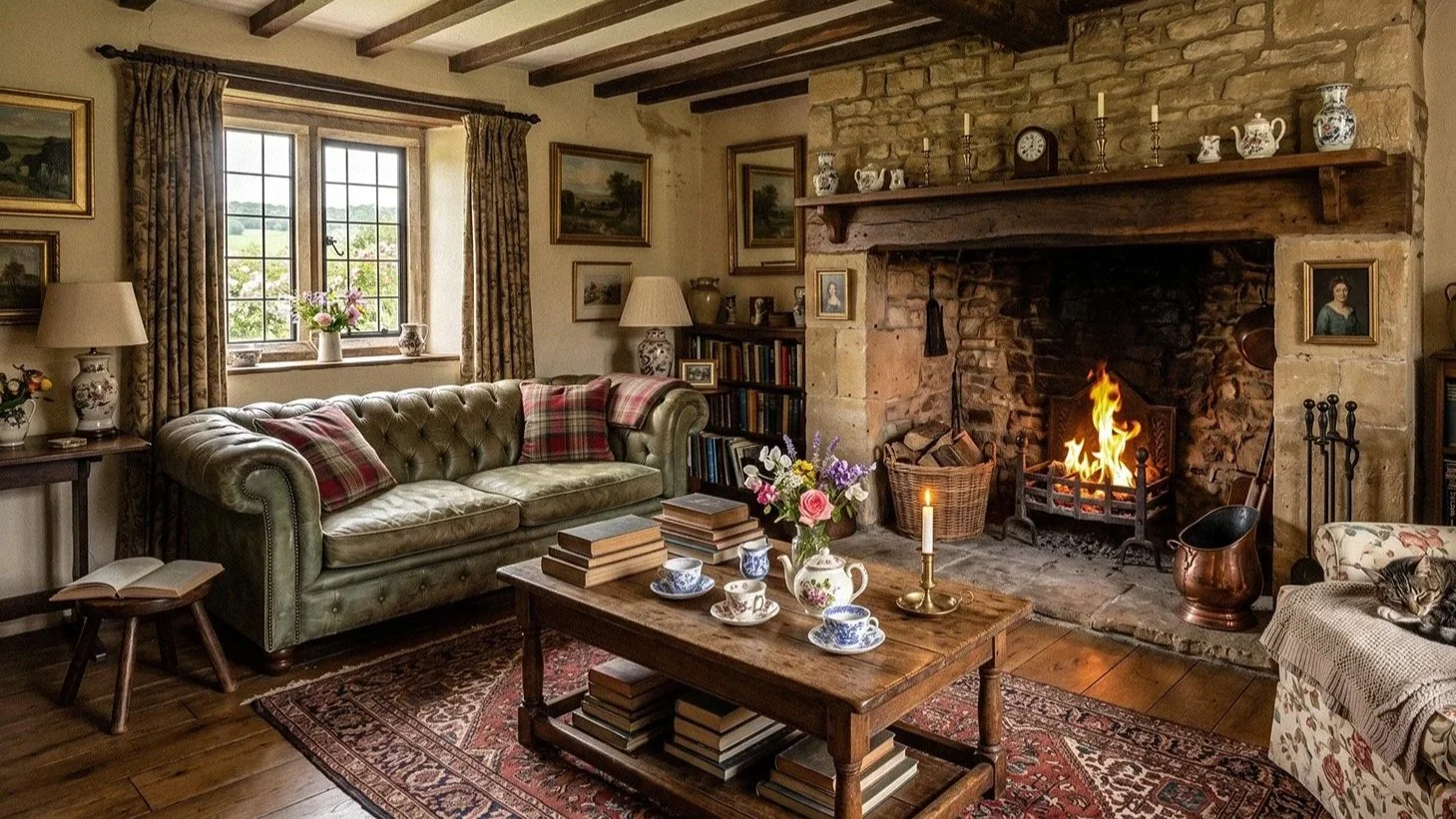 a cosy cotswolds cottage with open inglenook fireplaces, in the English country house style