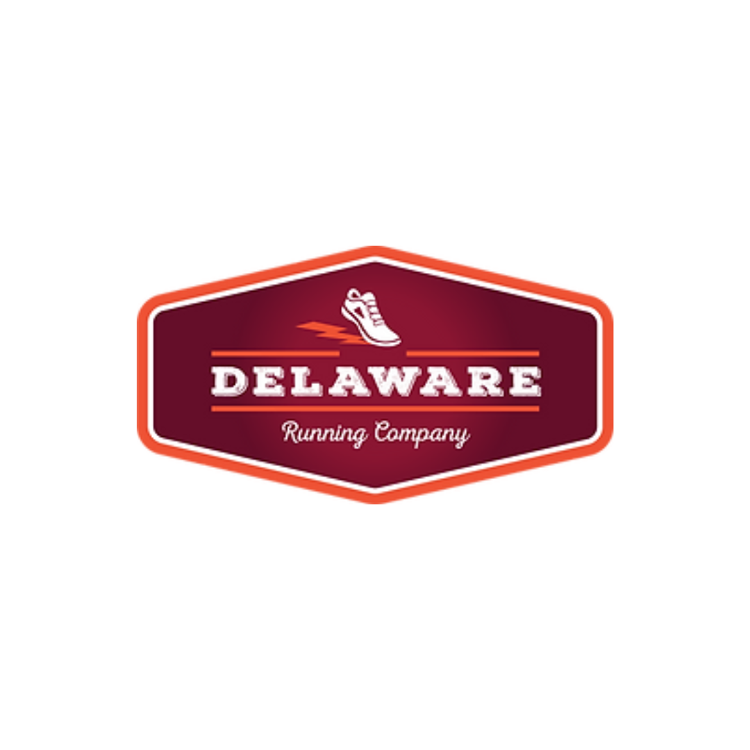 Logo for Delaware Running Company featuring a shoe with lightning bolt, with a maroon background and white text.