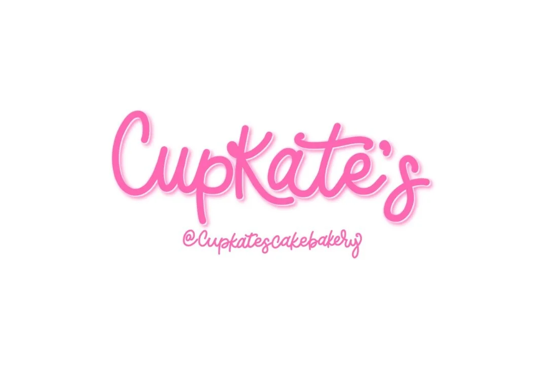 Logo for Cupkate's bakery in pink script font with Instagram handle '@Cupkatescakebakery'