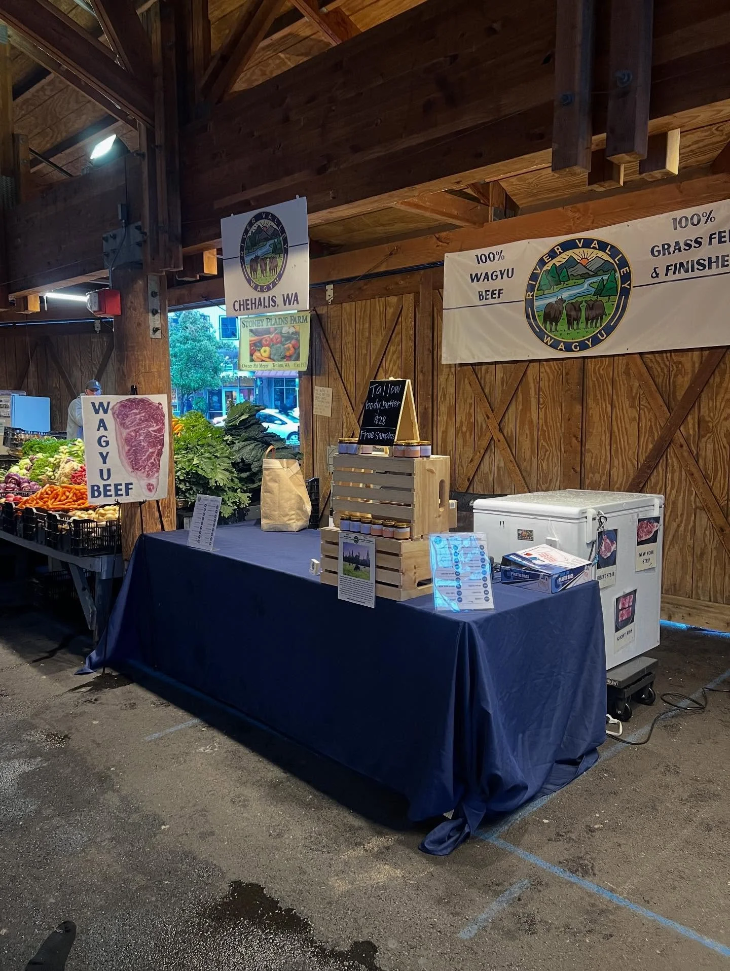 Good Morning 🌞 Folks!! We are set up for another beautiful weekend here @olympiafarmersmarket with our great Grass Fed and Grass Finished Wagyu Beef!! We also have our classic tallow lotions as well!! We look forward to seeing you all!! #wagyu #beef