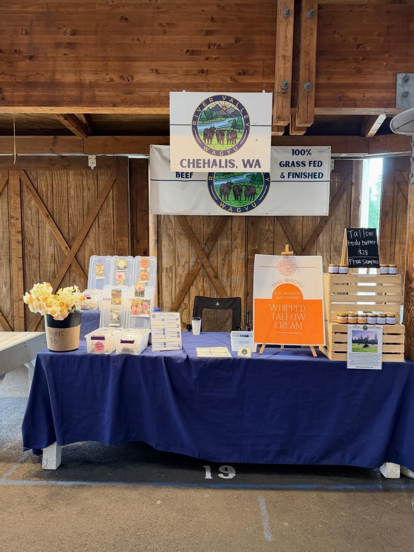 Good Morning 🌞 Folks!!! We are ready for a big Friday here @olympiafarmersmarket ! We have our dahlia tubers, some farm fresh flowers, and of course our Wagyu beef and tallow lotion!! Stop by if nothing else to say hi!👋 #grassfedgrassfinishedbeef #