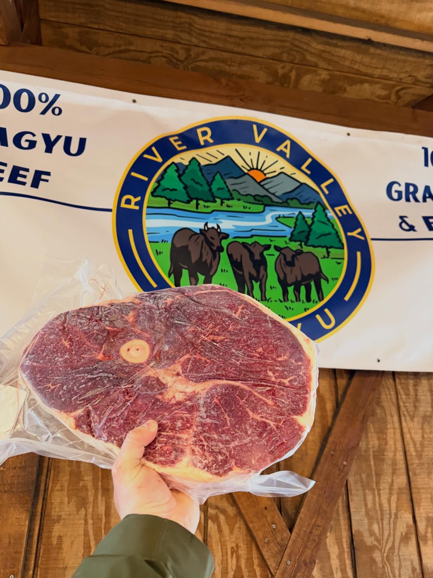 Good Morning 🌞 Folks!! We are @olympiafarmersmarket fully restocked along with some fun surprises like this 10lb Cowboy 🤠 Steak!! Come stop by and great some your favorite Grass Fed and Grass Finished Wagyu beef!!