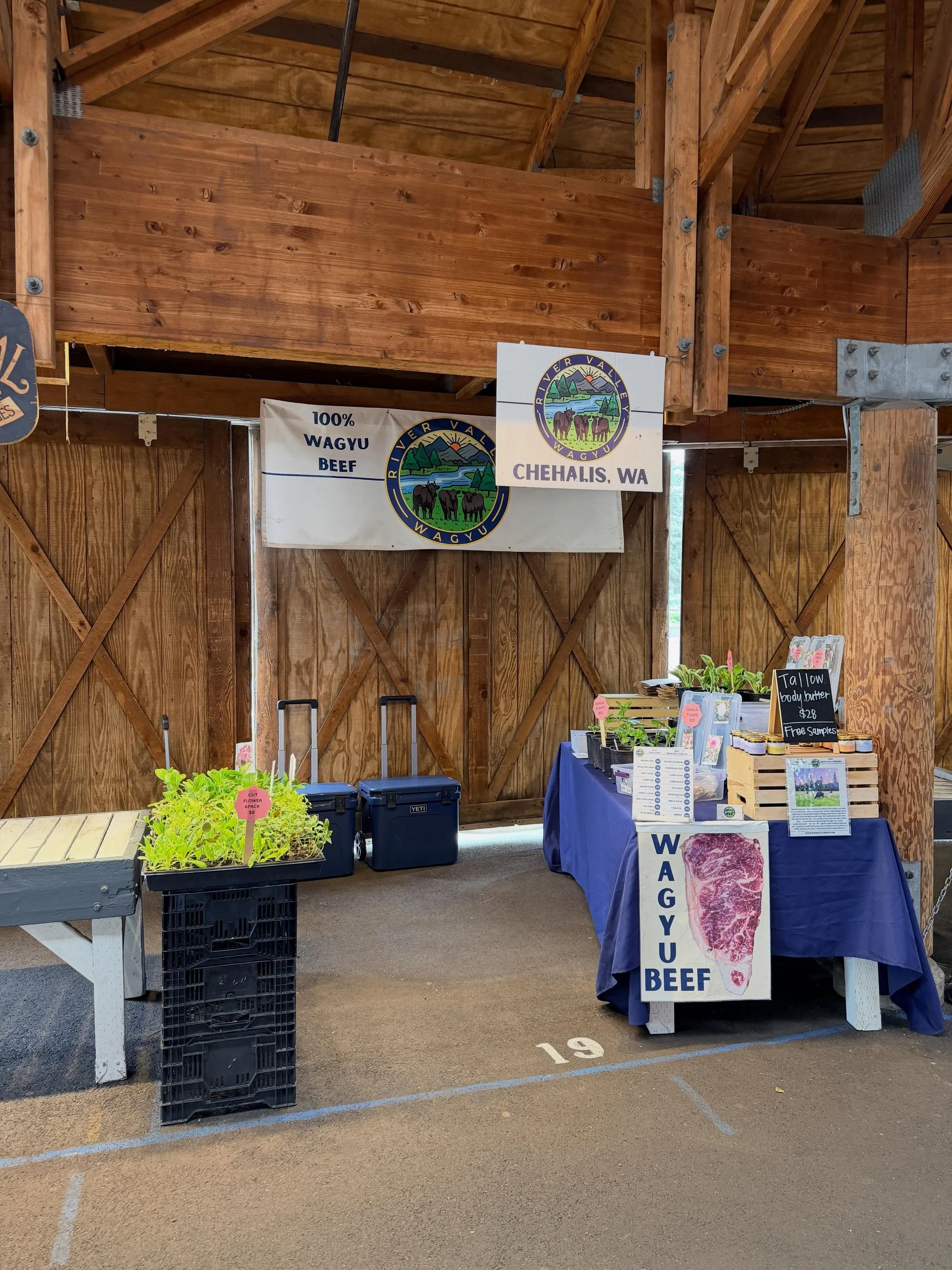 Good Morning 🌞 Folks!! We are ready for another great day @olympiafarmersmarket ! We have the other side of the ranch&rsquo;s @rivervalleyseedandstem potted flower starts and tuber starts today! We also have our great Wagyu Tallow Lotion and ofcours