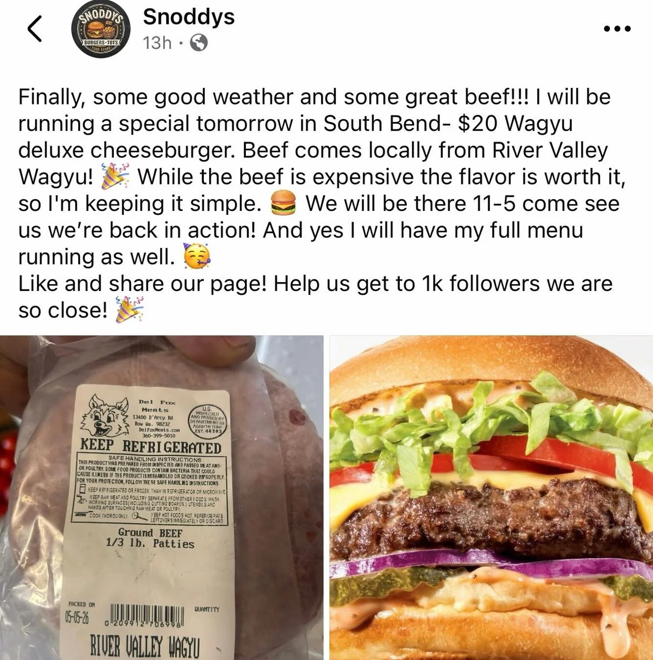 Good Morning 🌞 Folks!! We have some exciting news! We have partnered with @snoddys_burgers to bring some of our great 100% Wagyu 100% Grass Fed and Finished Burgers!! 🍔 if your looking for something to eat at Bendixons landing in South Bend, from 1