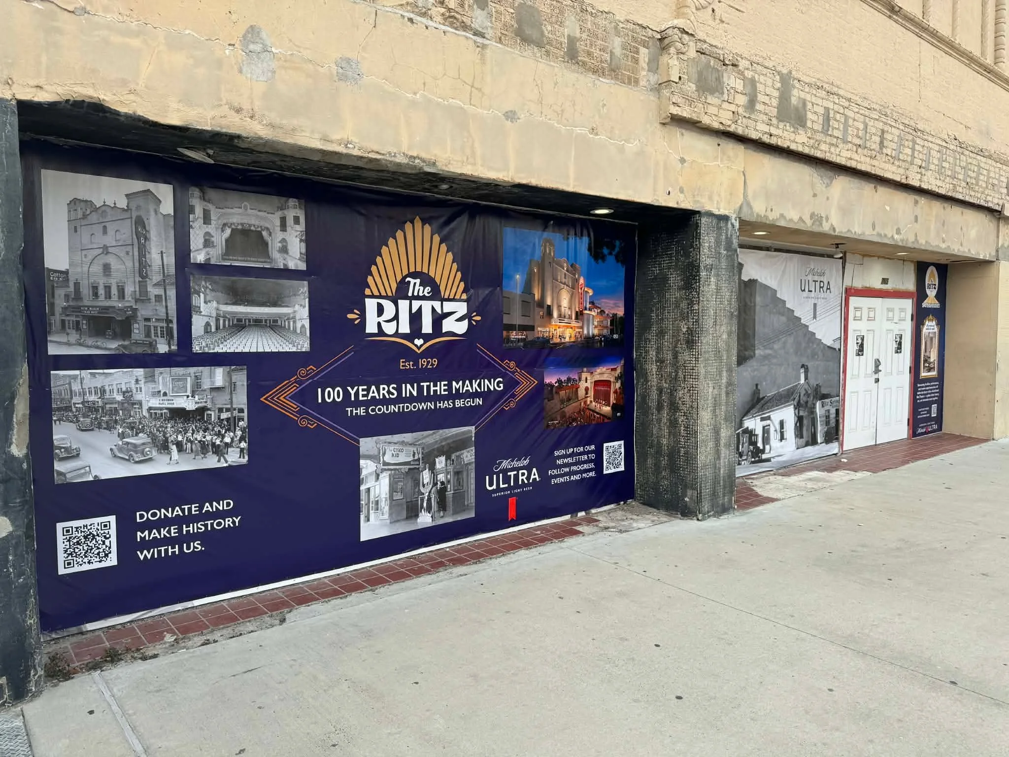 Thank you to @lnfcorpus for their support in printing our new banners across the front of The Ritz! We've updated them to include additional photos, plus QR codes for easy reference to learn more about the project and our events, including the Spotli