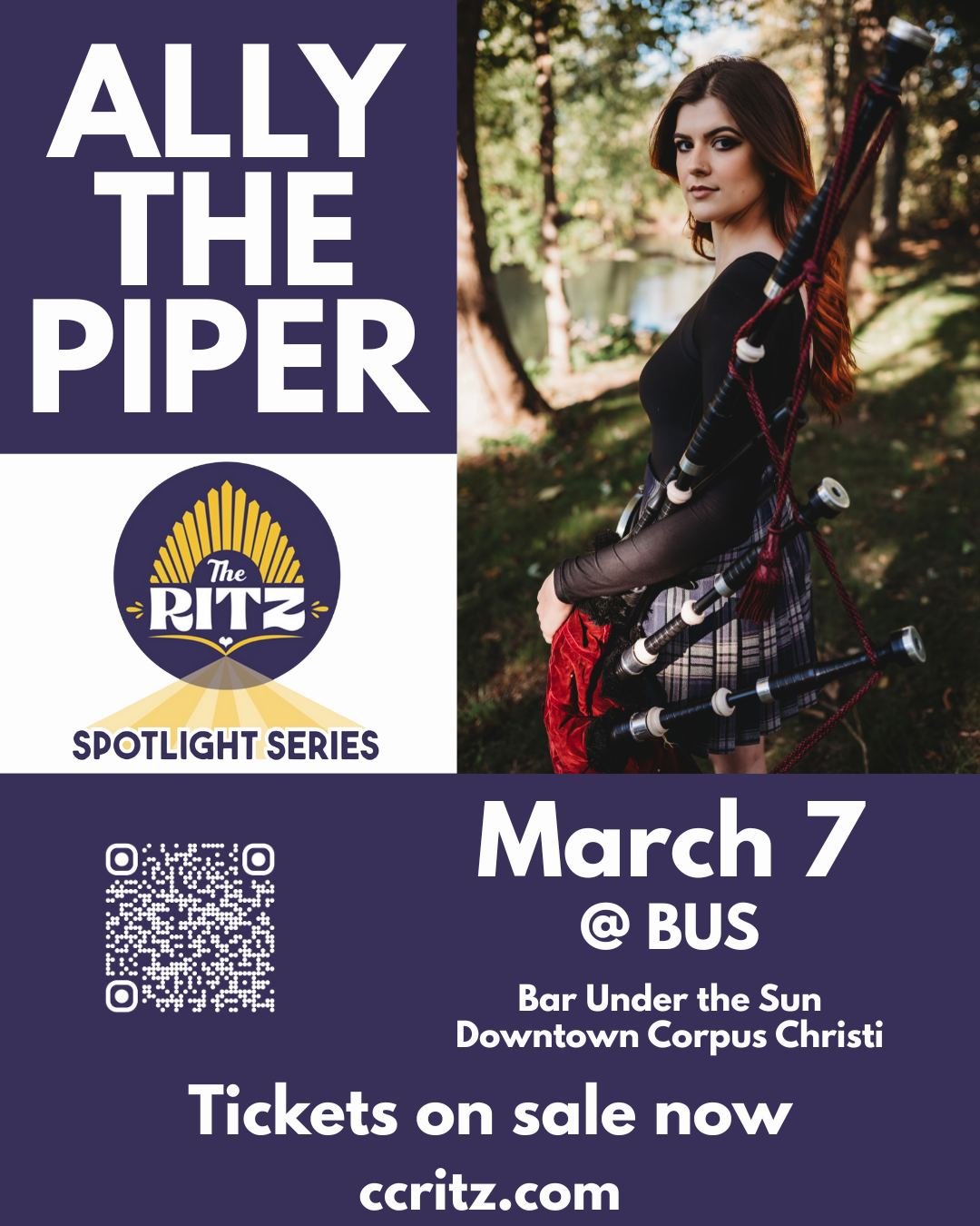 We're in the 30 day countdown until Ally The Piper makes only her second ever appearance in Texas! 

With over 2.5 million followers on TikTok, Ally has brought bagpipes into the mainstream, performing everything from traditional tunes to modern hits