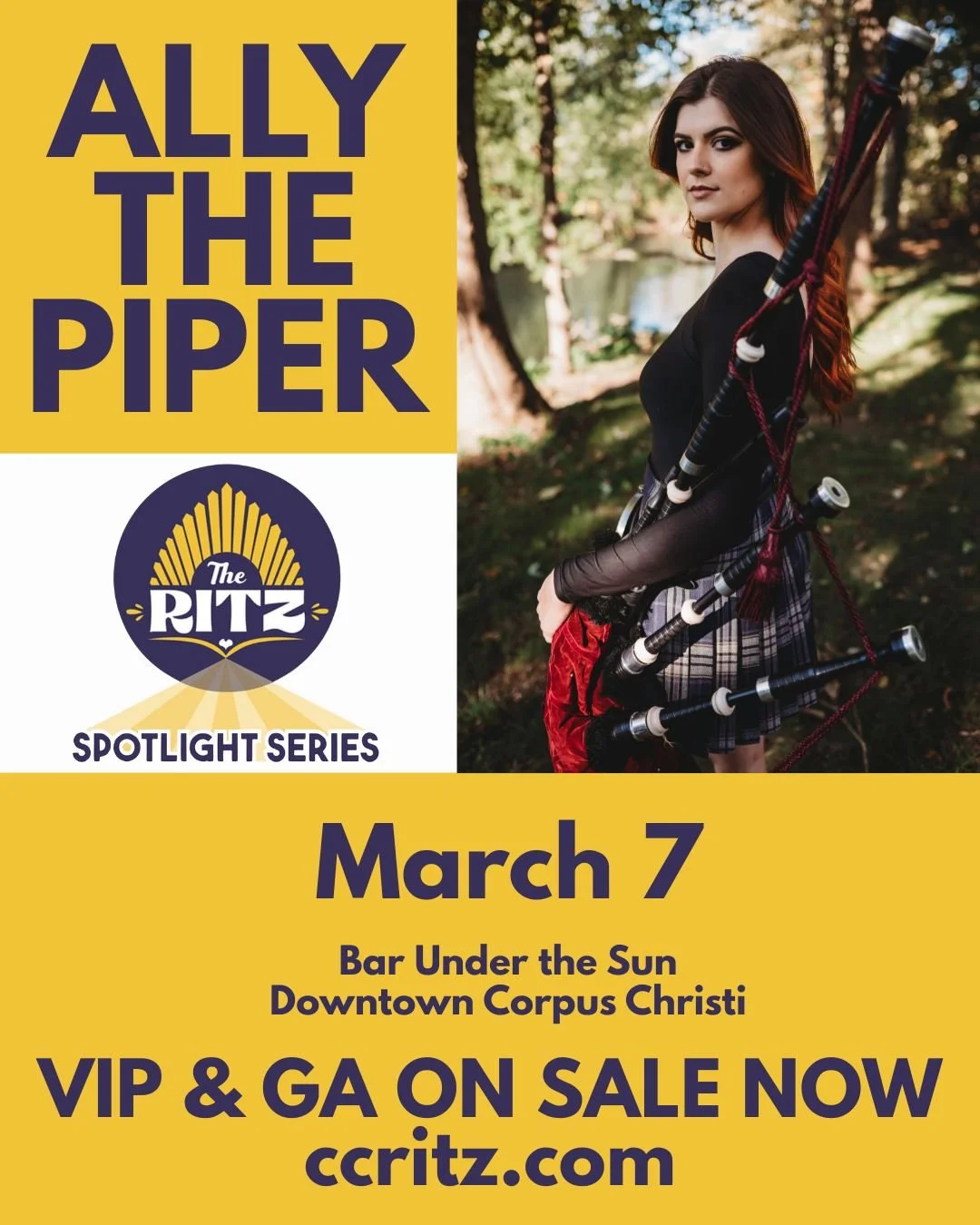 Ally The Piper tickets are moving quickly--only about 20 VIP Tickets remain! Get yours now to lock down a Meet and Great with Ally before the show. 

Just here for the music? GA Tickets are also available online for @piper.ally March 7!