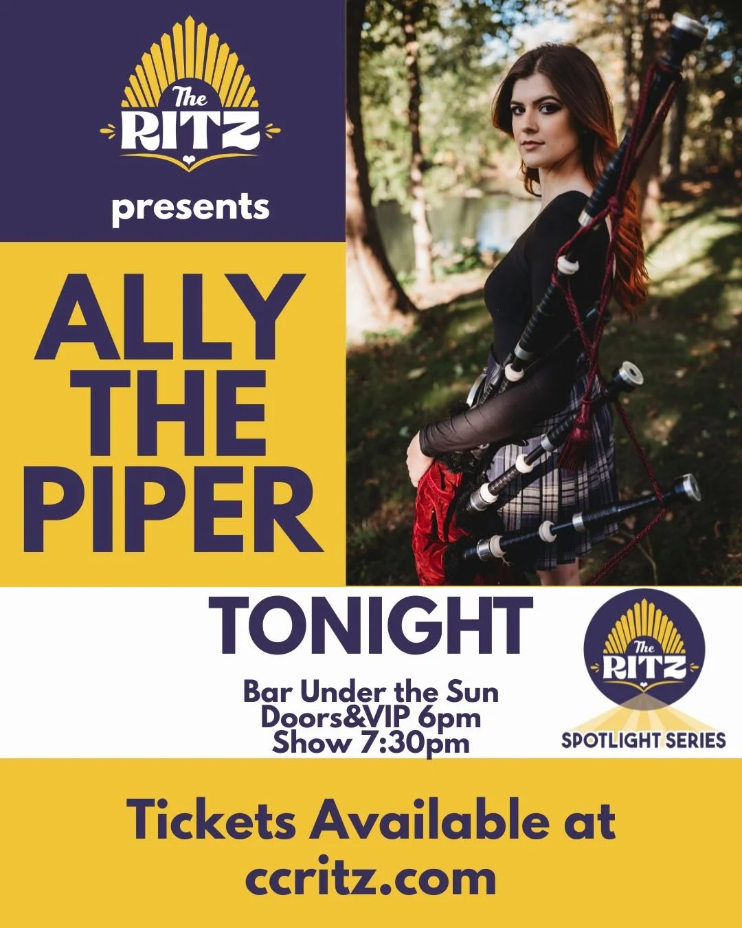 We can't wait to welcome you to Ally The Piper at @bus.corpuschristi  TONIGHT! Doors are at 6pm and the show starts at 7:30pm, so grab your tickets! 

With nearly 5 million social media followers, Ally has brought bagpipes into the mainstream, perfor