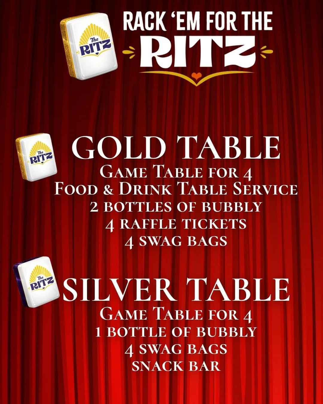 Haven&rsquo;t grabbed your friends yet? Gather three friends and join us for the 3rd Annual Rack &rsquo;em For The Ritz Mahjong Tournament on March 26!

Gold and Silver tables are still available&mdash;upgrade to Gold for the VIP experience with tabl