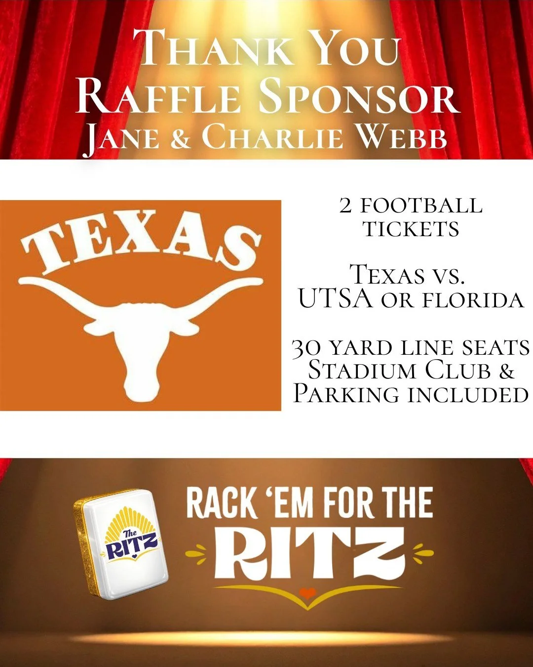 Thank you to Jane and Charlie Webb for their generous donation to the 3rd Annual Rack 'em For The Ritz Mahjong Tournament Raffle! One raffle winner will win 2 tickets to a Texas Football game, their choice of 9/19 vs. UTSA or 10/17 vs. Florida includ