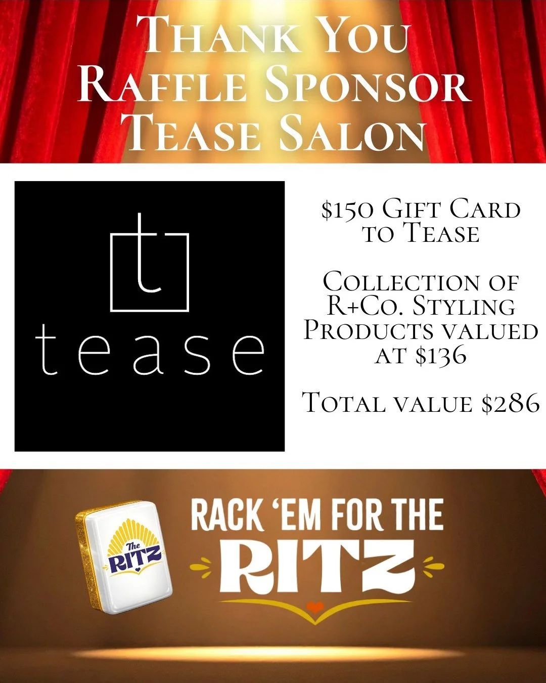 Thank you to @teasesaloncc  for their generous donation to the 3rd Annual Rack 'em For The Ritz Mahjong Tournament Raffle on March 26! One raffle winner will win a $150 gift card to Tease and a collection of R+Co. styling products, a total value of $