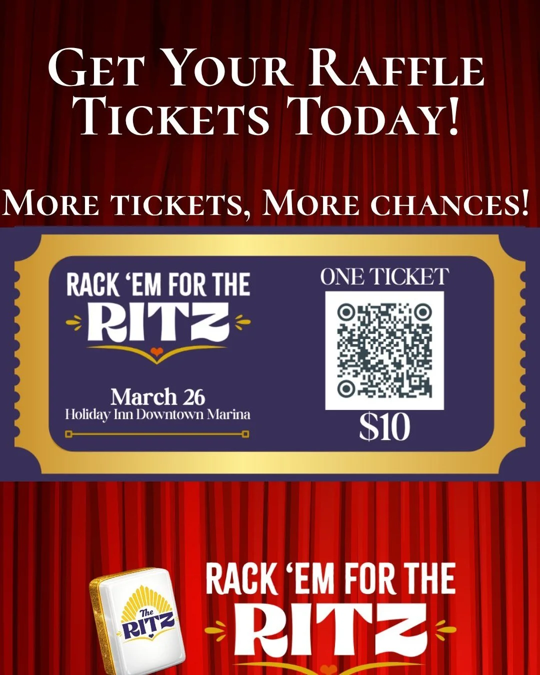 We'll draw raffle tickets for some amazing prizes THIS THURSDAY at the 3rd annual Rack 'em for The Ritz Mahjong Tournament and you don't have to be present to win! Every ticket supports The Ritz!

Get your chance (or chances!) to win prizes from your