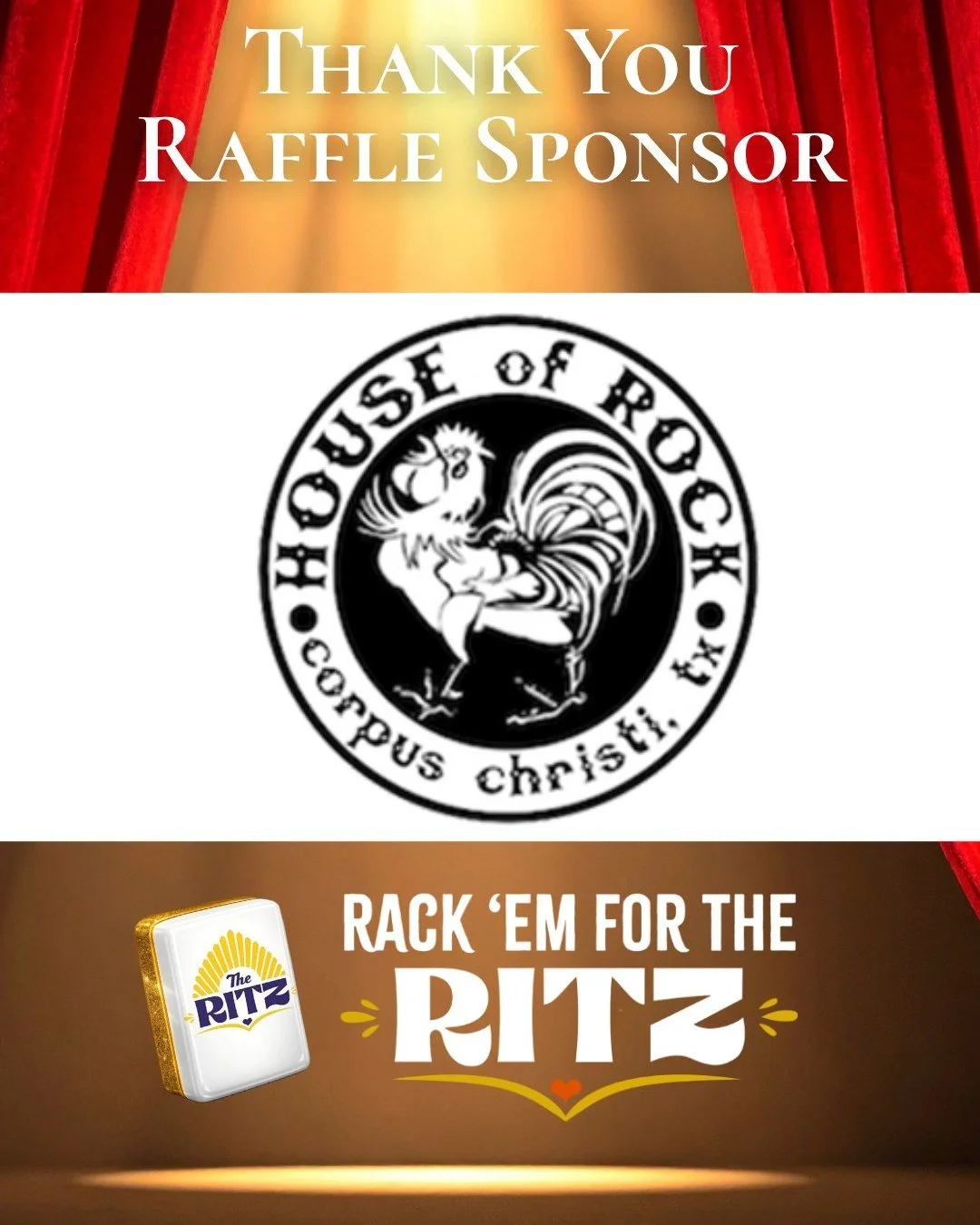Thank you to House of Rock for their generous donation to the 3rd Annual Rack 'em For The Ritz Mahjong Tournament Raffle on March 26! One raffle winner will win a Friday Night Happy Hour Party including 4 concert tickets to a show of your choosing, (