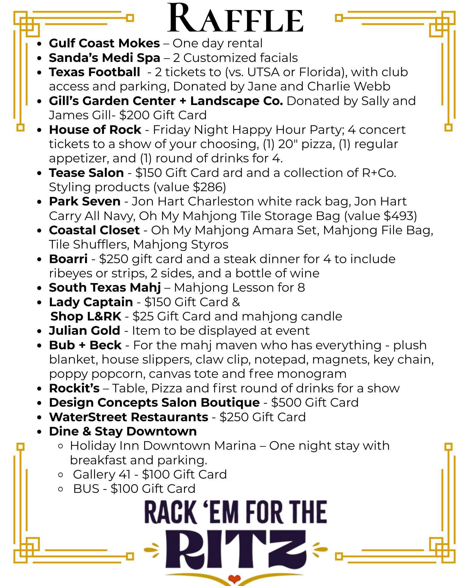 Amazing prizes await for our 3rd Annual Rack 'em For The Ritz Mahjong Tournament, happening THIS THURSDAY! Each ticket is a chance at a fabulous prize--more tickets, more chances! 

You do not have to be present to win, and every ticket supports The 