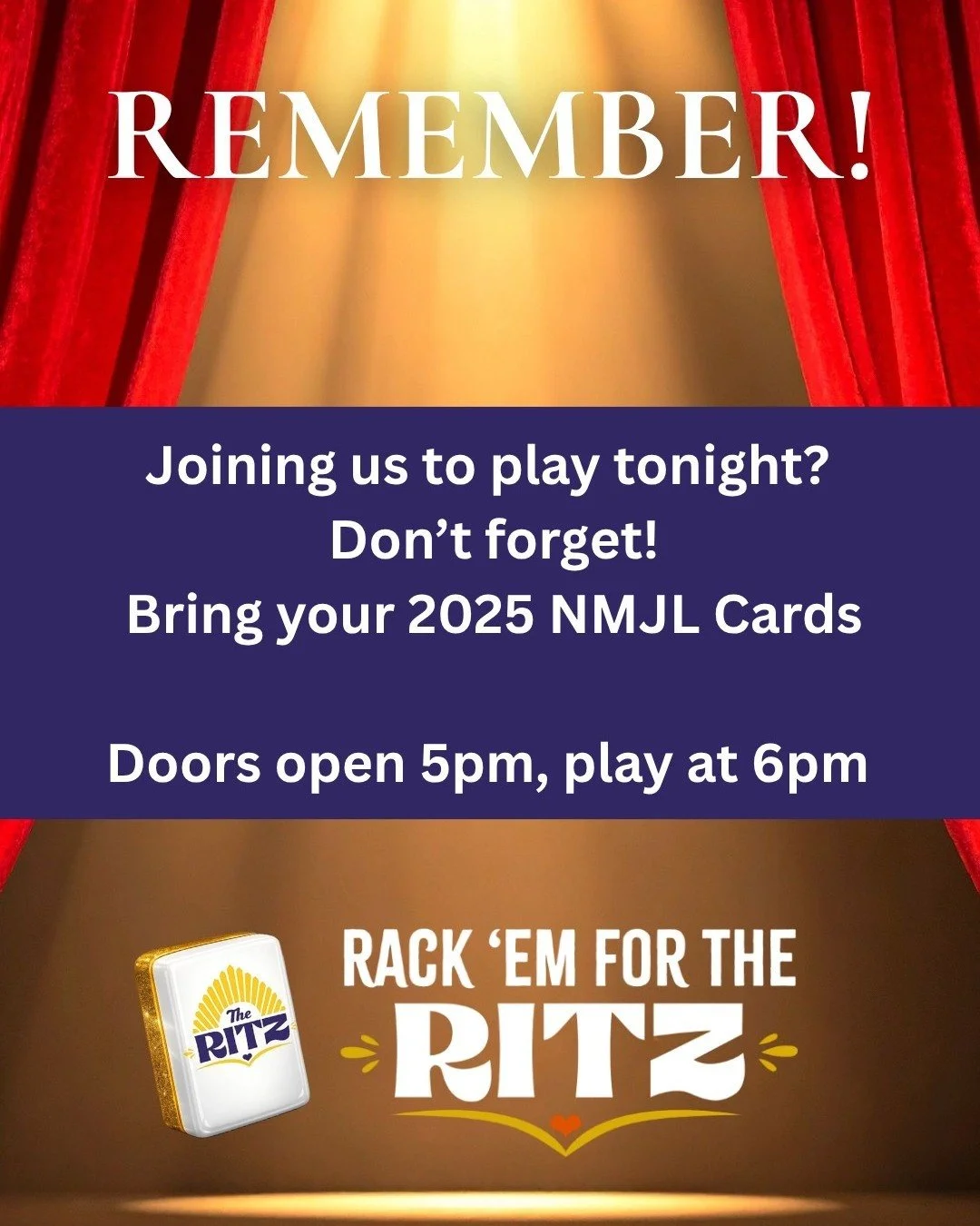 We're getting ready to welcome our Rack 'em For The Ritz players tonight!

Just a reminder not to forget your 2025 NMJL Cards when you come play at Holiday Inn Downtown Marina tonight. Doors open at 5pm and we'll roll the dice at 6pm! 

Raffle ticket