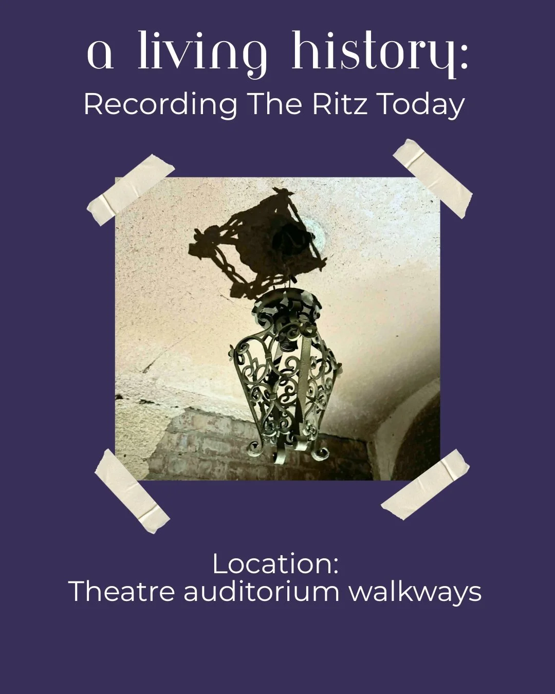 Wrought iron pendant lights like this one were used throughout the theatre, though only a few remain today. These fixtures illuminated the walkways surrounding the auditorium and can also be seen in historic photographs of the original mezzanine loun