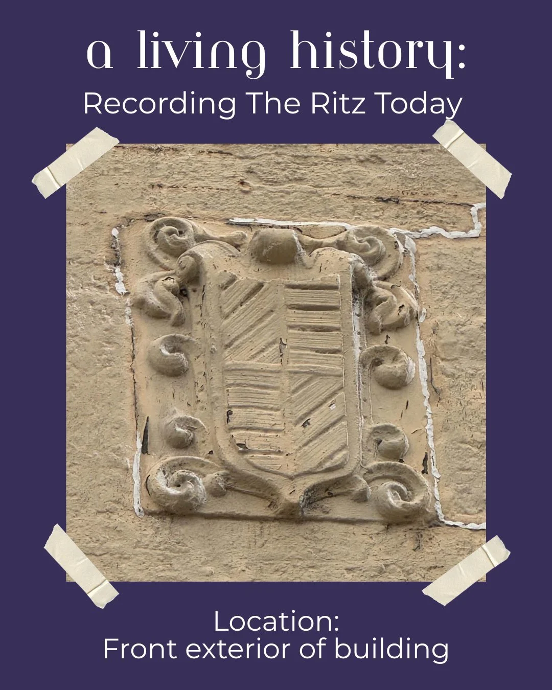 The Ritz's architecture is simple in many respects, but it features ornate plasterwork both inside the auditorium and on the exterior of the building. This decorative crest on the theatre&rsquo;s front exterior reflects the Spanish-inspired design de