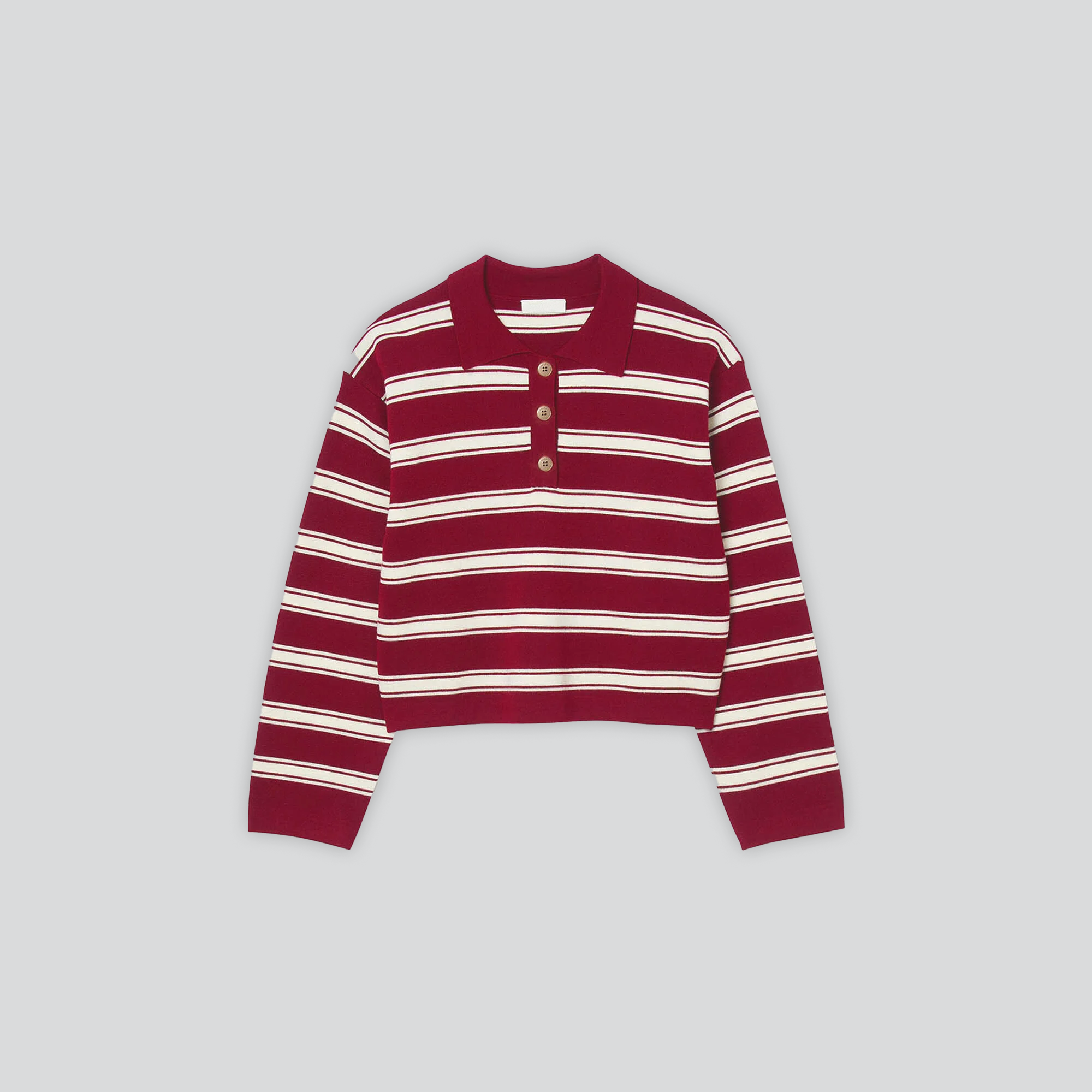 Visuel IA d'un pull rasé rouge à rayures blanches et noires avec col et boutons