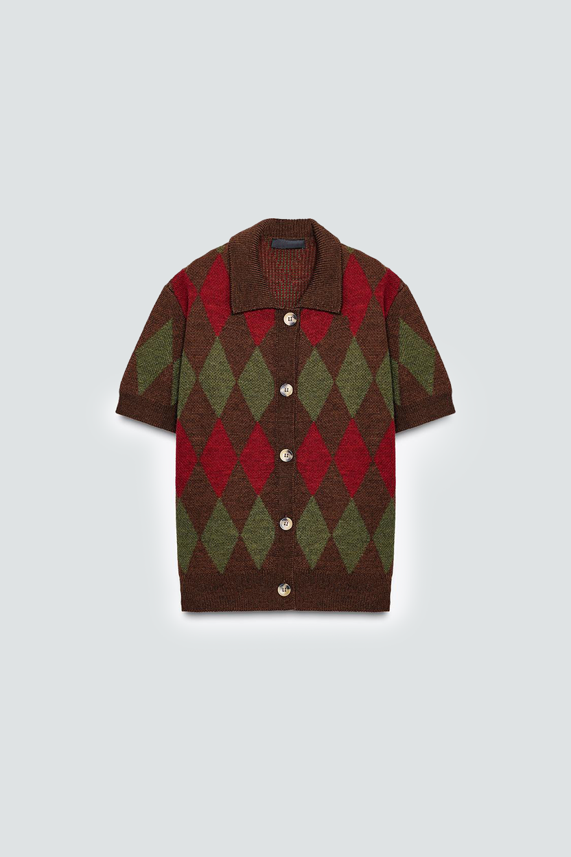 Pull court à manches courtes avec motif carreaux verts, rouges et bruns