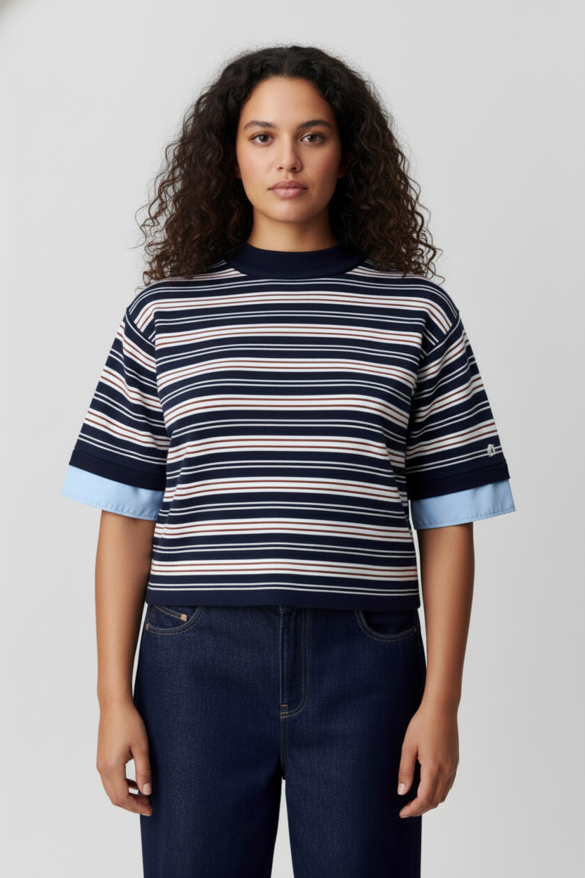 Visuel IA d'une femme portant un sweat à rayures navy, blanc et beige avec des revers en tissu bleu clair sur les manches, en jeans foncés.