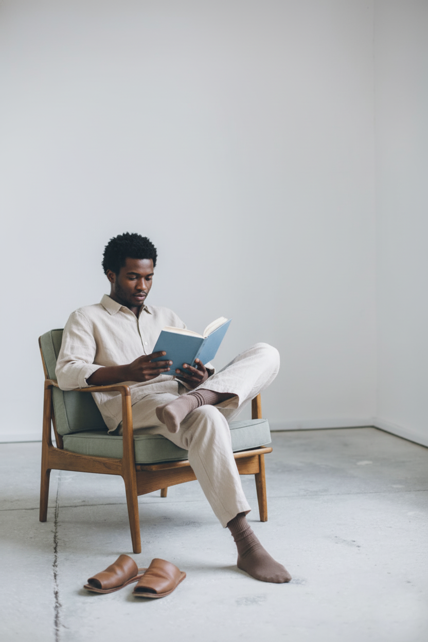 Un homme assis dans un fauteuil, en train de lire un livre dans une pièce minimaliste