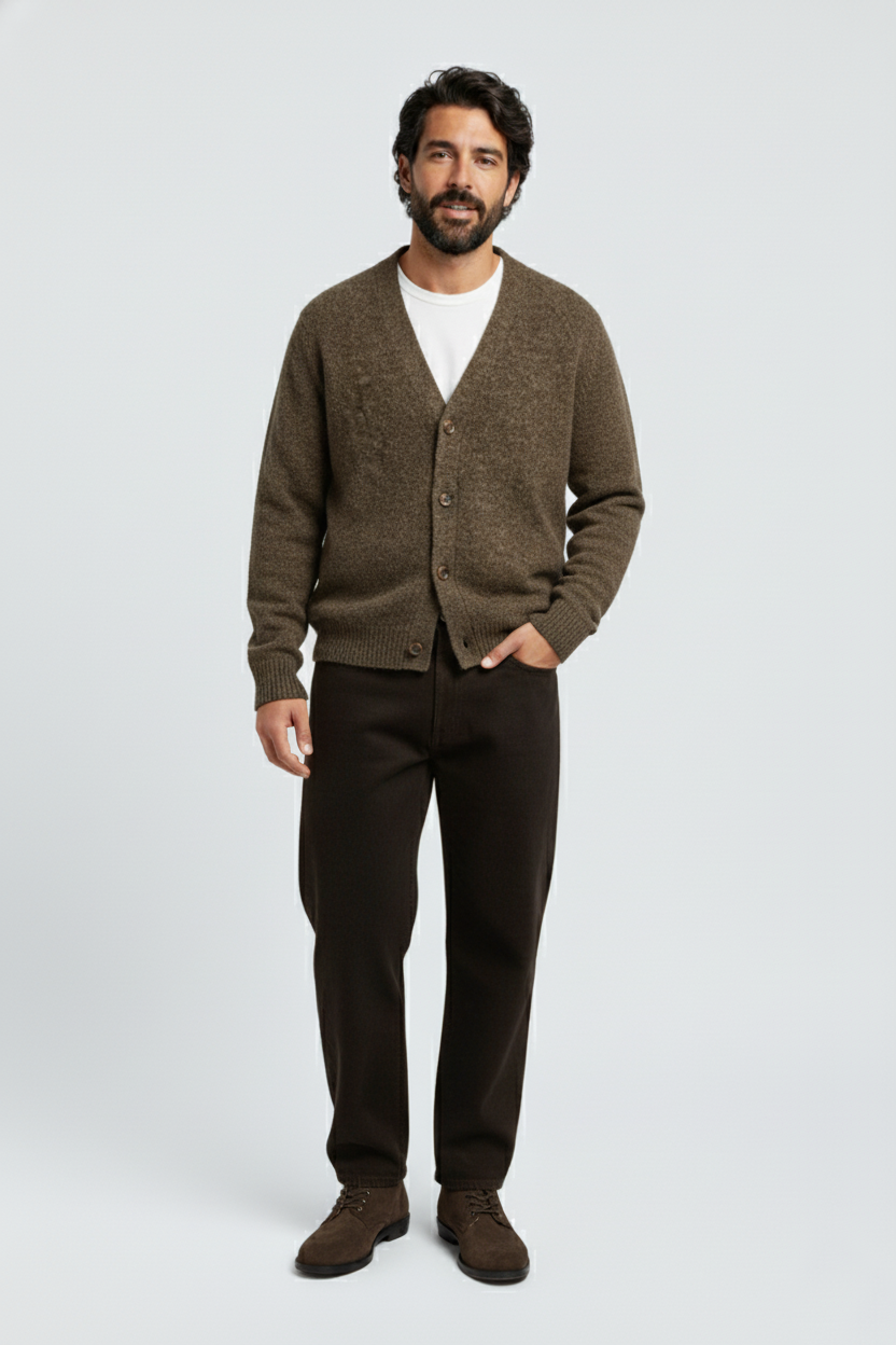 Image IA mode d'un Homme avec une barbe, portant un cardigan marron, un t-shirt blanc, un pantalon noir et des chaussures marron, debout contre un fond blanc.