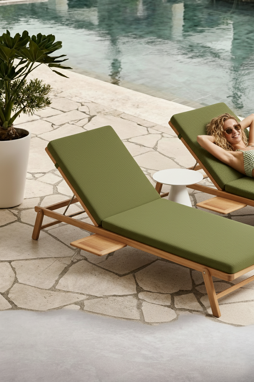Image Ia d'Une femme allongée sur une chaise longue en bois avec un coussin vert près de la piscine, portant des lunettes de soleil et un maillot de bain.À côté, une petite table blanche et une grande plante en pot