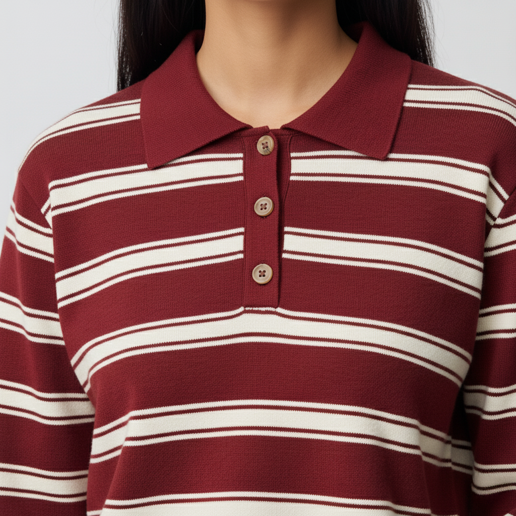 Visuel IA d'Une femme porte un polo rayé rouge et blanc avec un col et des boutons devant.