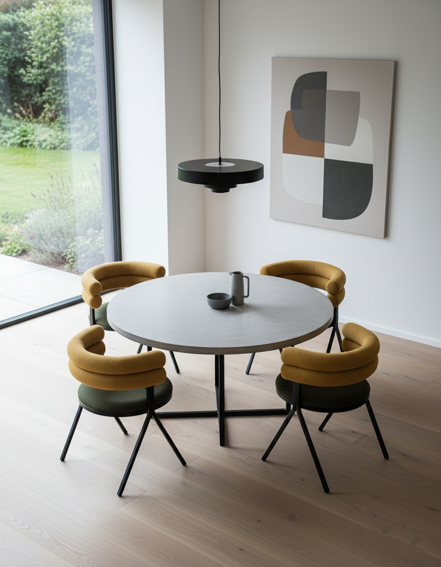 Image Ia d'Une table ronde avec quatre chaises jaunes en cuir et en métal dans une pièce lumineuse avec un tableau géométrique sur le mur et une grande fenêtre laissant entrer la lumière naturelle.
