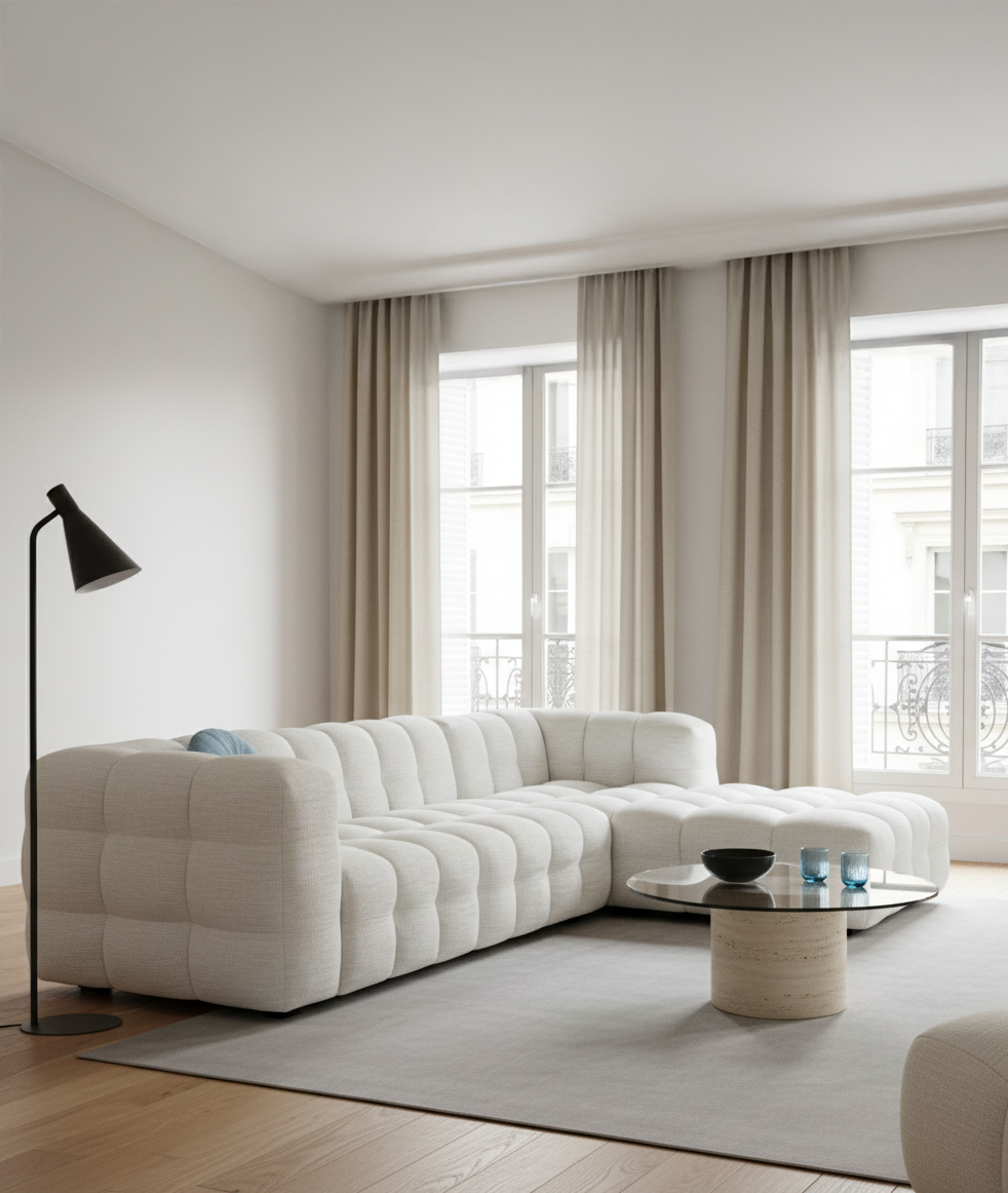 Visuel pub mobilier générée par IA d'un Salon avec un canapé blanc, table basse, lampadaire noir et grande fenêtre avec rideaux clairs.