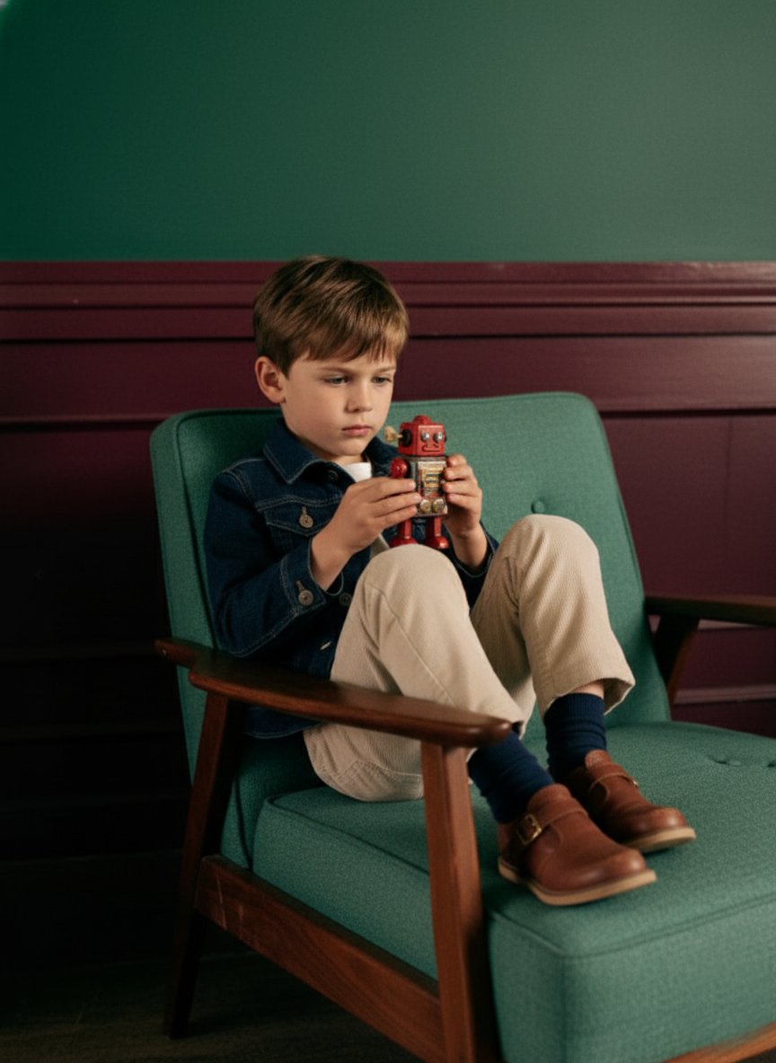 Un jeune garçon assis dans un fauteuil vert, regardant une figurine de robot en métal dans ses mains.
