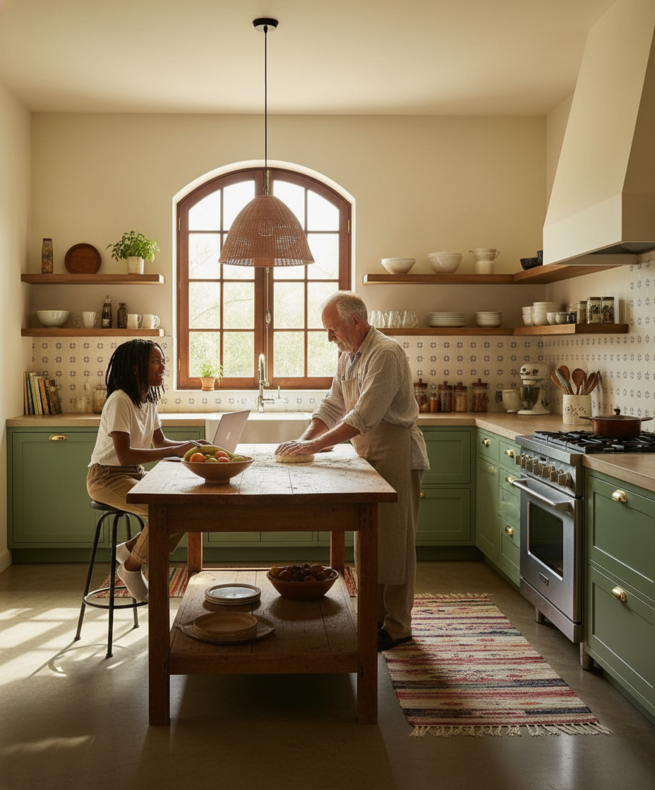 Un homme et une jeune fille préparent un repas dans une cuisine lumineuse avec des armoires vertes, des étagères en bois, un plan de travail en bois et une fenêtre derrière l'évier.