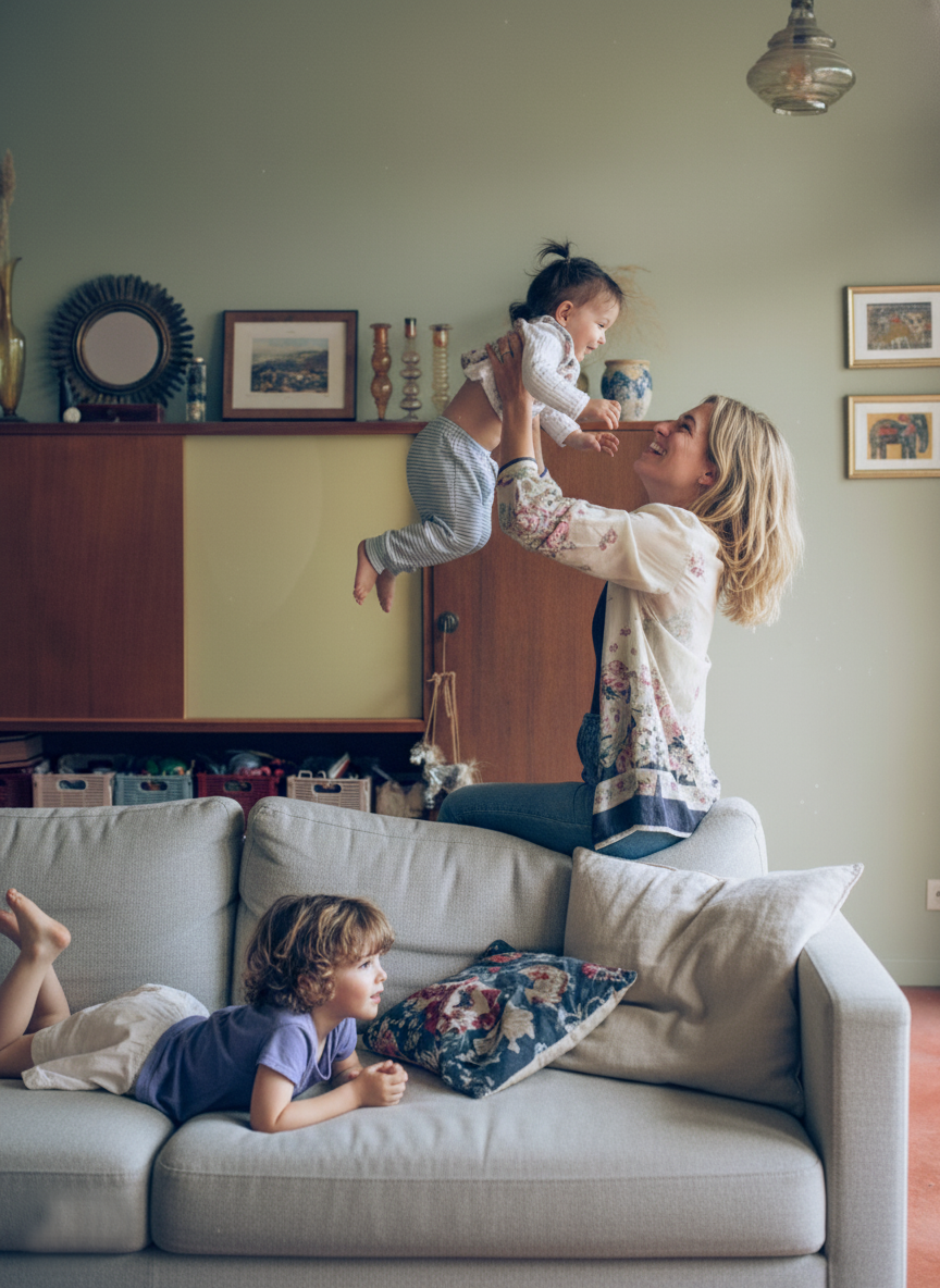 Une femme et un enfant joyeux jouent dans un salon, la femme soulève un enfant qui sourit, un autre enfant est allongé sur un canapé à côté, décorations murales et meubles en arrière-plan.