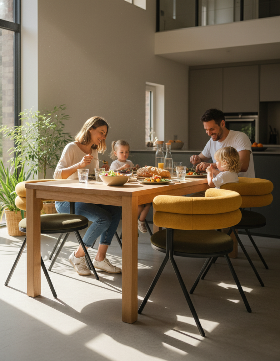 Visuel pub générée par IA d' Une famille de quatre personnes, deux adultes et deux enfants, partage un repas convivial dans une cuisine lumineuse.