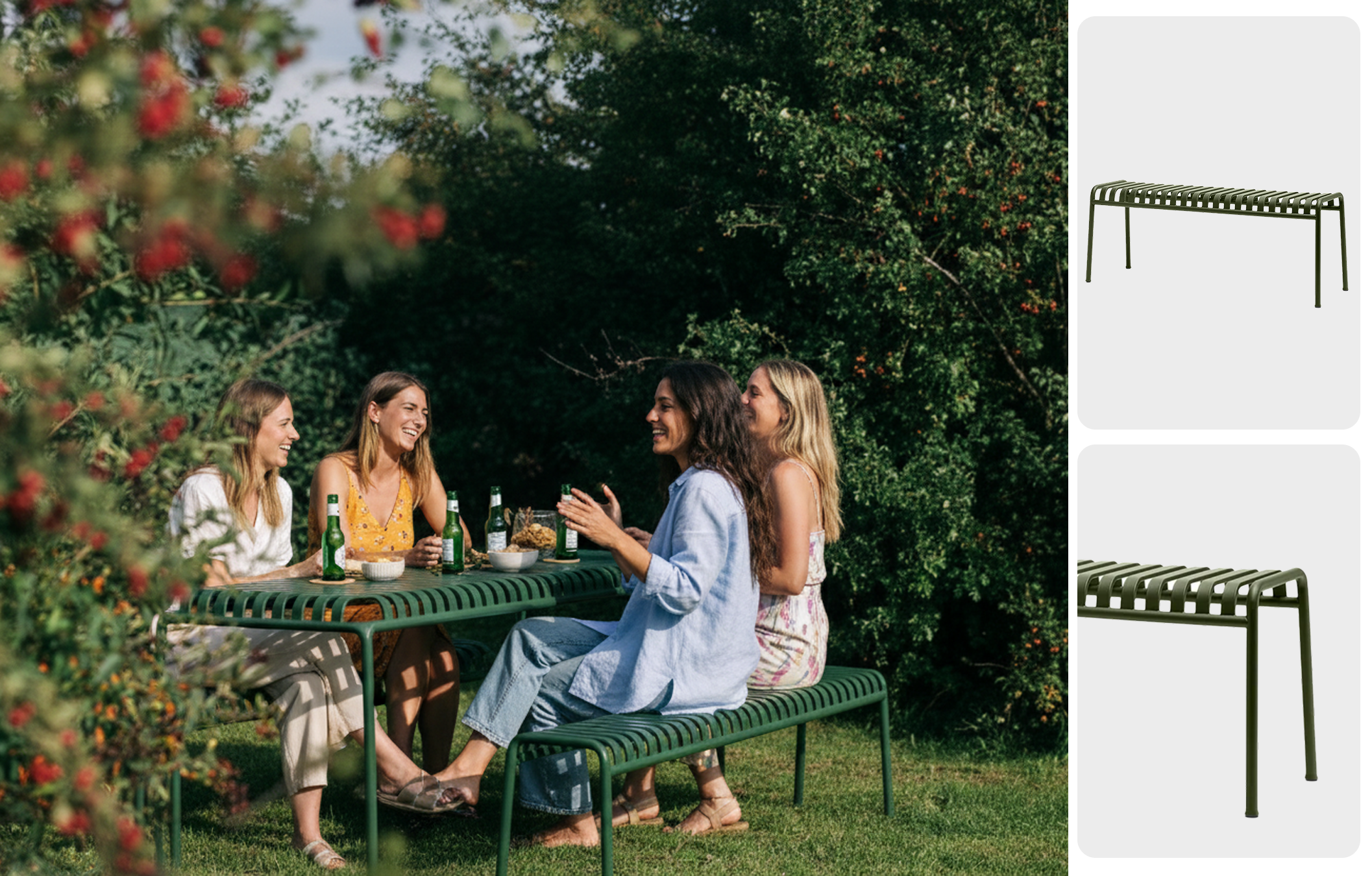 Groupe de quatre femmes assises autour d'une table en métal vert dans un jardin, discutant et riant, avec des bouteilles de bière sur la table. La scène se déroule lors d'une journée ensoleillée entourée de végétation dense.