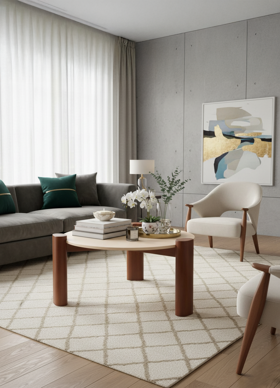 Image IA d'un Salon moderne avec un canapé gris, un fauteuil beige, une table basse en bois clair, des coussins verts, une peinture abstraite sur le mur, une lampe, des plantes et un tapis à motifs géométriques.