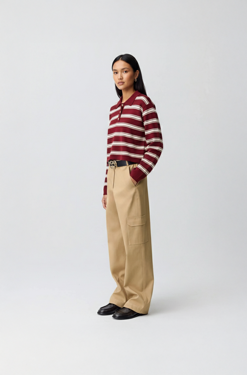 Visuel IA d'une femme debout portant un sweat-shirt à rayures rouge, beige et blanc avec un col polo, accompagnée d'un pantalon beige large avec une poche latérale, et des chaussures noires.