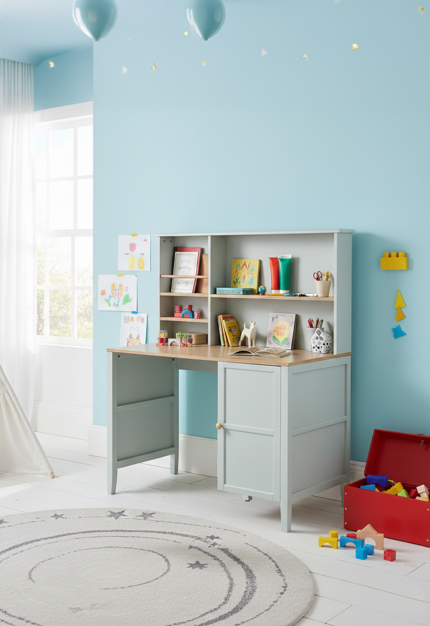 Une pièce d'enfant avec un meuble en blanc contenant des livres et des jouets, un tapis rond blanc avec des étoiles grises, deux ballons bleus au plafond, des dessins d'enfants sur le mur et une boîte rouge avec des jouets de construction en plastique.