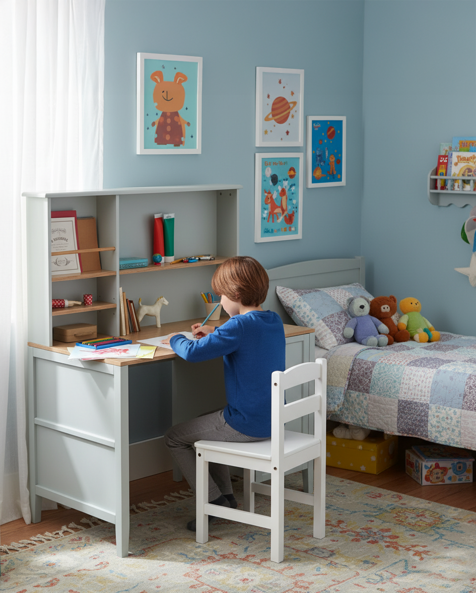 Image IA d'Un garçon assis à un bureau dans une chambre d'enfant bleue, entouré de jouets et de livres, avec une literie colorée et des posters d'espace et d'animaux sur le mur.