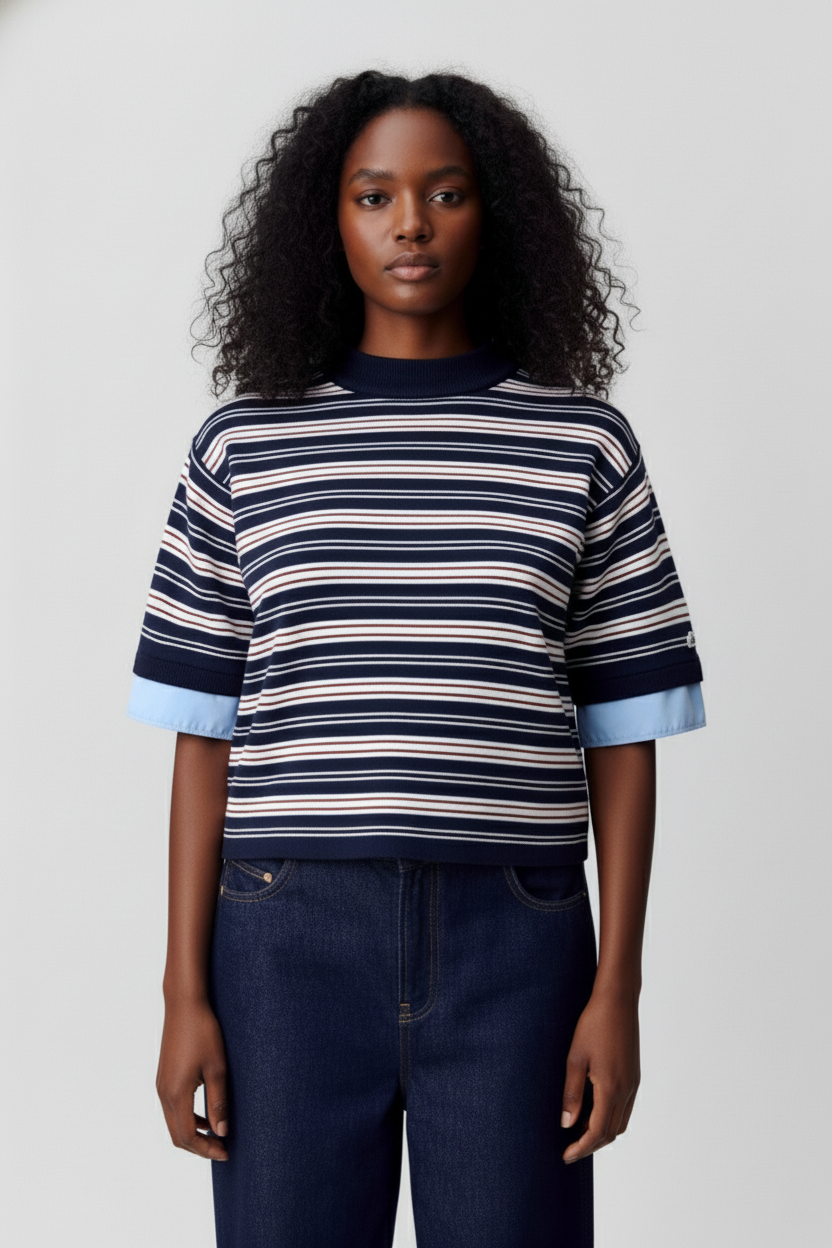 Visuel IA d'une femme avec des cheveux bouclés noirs porte un pull rayé bleu marine, blanc et beige, avec des manches 3/4 avec une doublure en tissu bleu clair, et un jean foncé, posant contre un fond blanc.