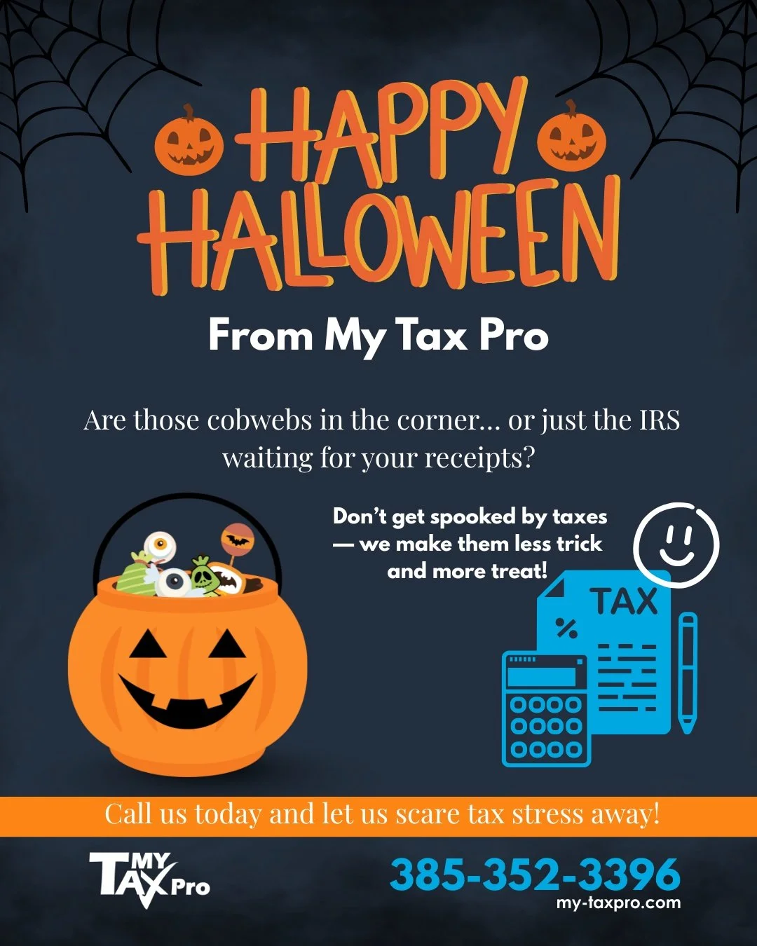 👻🎃 𝗛𝗮𝗽𝗽𝘆 𝗛𝗮𝗹𝗹𝗼𝘄𝗲𝗲𝗻 𝗳𝗿𝗼𝗺 𝗠𝘆 𝗧𝗮𝘅 𝗣𝗿𝗼! 🎃👻

 Don&rsquo;t let taxes spook you this season &mdash; we&rsquo;re here to keep things treats, not tricks. 🍬✨
📞 Call us today at 385-352-3396 for stress-free tax help.

#HappyHallo
