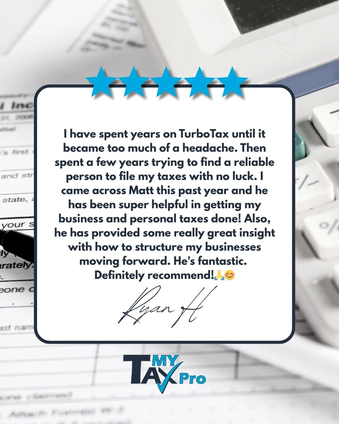 🙌 𝗧𝗵𝗮𝗻𝗸 𝘆𝗼𝘂, 𝗥𝘆𝗮𝗻 𝗛!

 We&rsquo;re so glad we could help you with both your business and personal taxes. 💼✨
At My Tax Pro, we love making taxes stress-free for our clients &mdash; no matter the size or situation.

📞 Call us today at 3