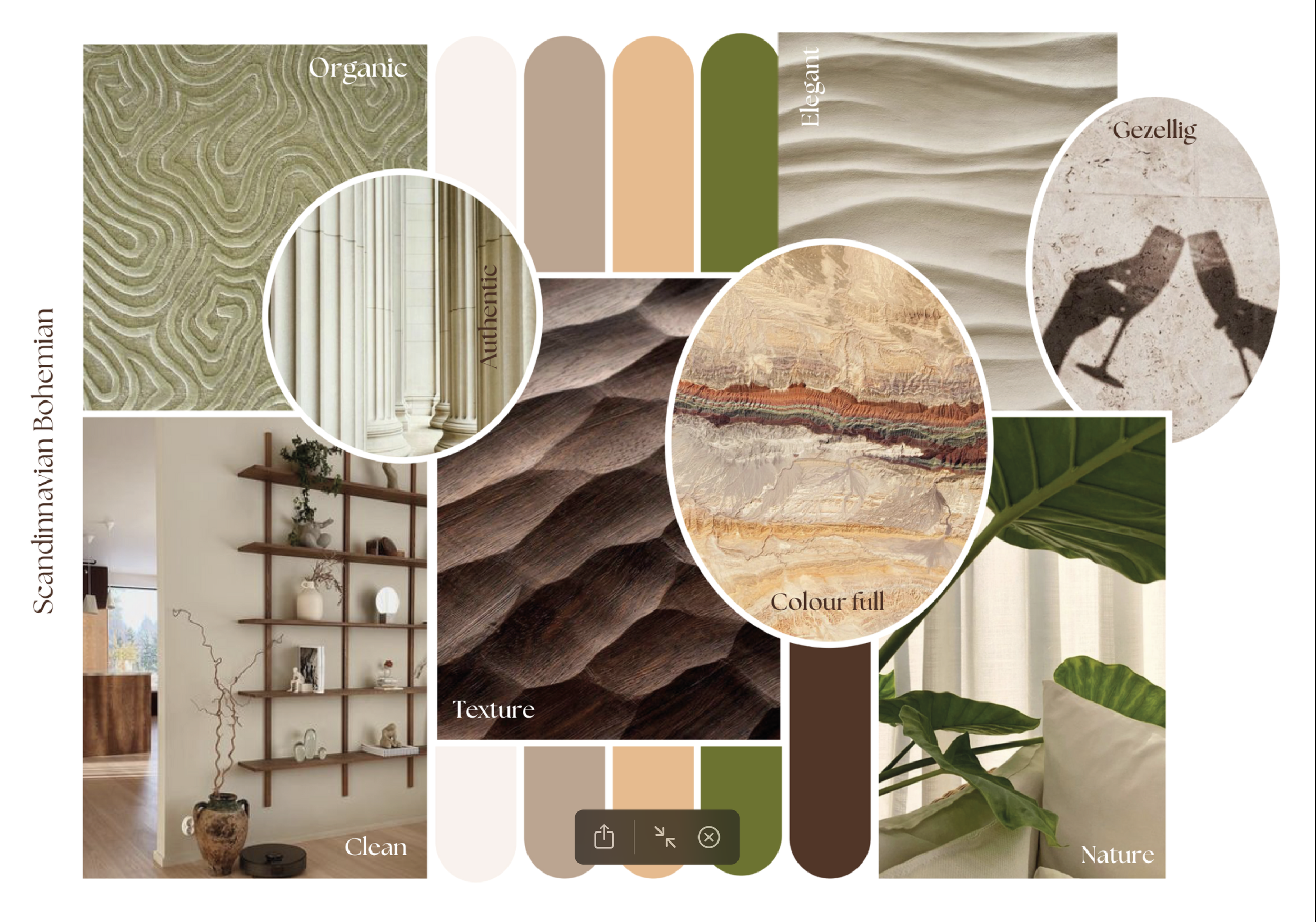 A collage of interior design elements with earthy tones and textures, including architectural columns, textured walls, and greenery, emphasizing Scandinavian-Bohemian style with labels like 'Organic,' 'Elegant,' 'Gezellig,' 'Colour full,' 'Texture,' 'Clean,' and 'Nature.'