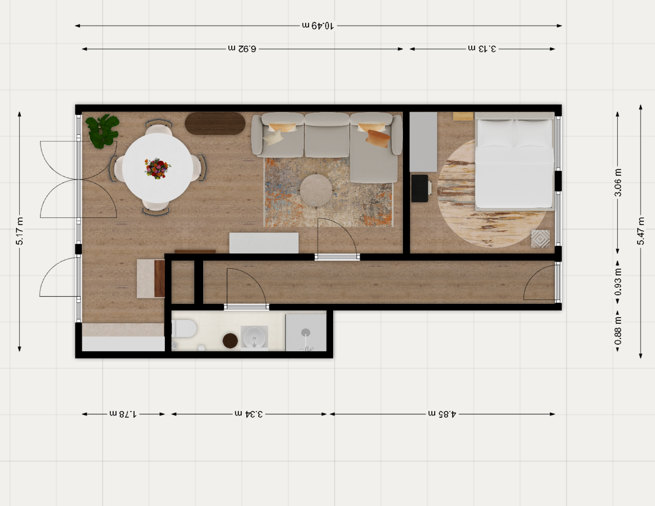Floor plan of a small apartment with a living room, dining area, bedroom, and bathroom. The living room contains a sofa and a round coffee table, adjacent to the dining area with a round table and six chairs. The bedroom has a bed, a nightstand, and a rug. The bathroom includes a toilet, sink, and shower.